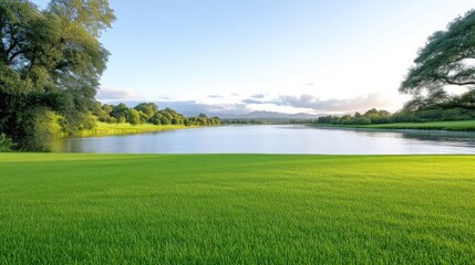 Naklejka premium Serene lake and lush greenery. Tranquil landscape with a calm lake, surrounded by vibrant green grass and trees. Gentle sunlight illuminates the scene, creating a peaceful atmosphere