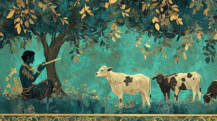 A deity playing the flute under a tree with cows nearby, set against a teal background with golden leaves, symbolizing divine serenity and pastoral life, suitable for religious, cultural