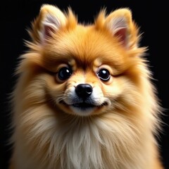 Obraz premium Fluffy Pomeranian Spitz, intense gaze, black backdrop, small, studio photography, black background