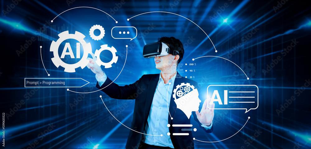 Poster smart businessman wearing suit and vr goggle while using ai assistance planning plan. project manage