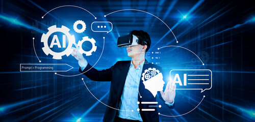 Smart businessman wearing suit and VR goggle while using AI assistance planning plan. Project...