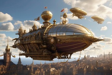 Steampunk Airship Floating Over a Victorian City