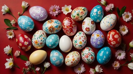Close-Up Top View of Decorated Easter Eggs with Colorful Blossoms on Red Background