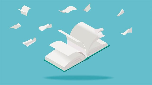 Open book with flying white pages, in isometric perspective. 2D animation