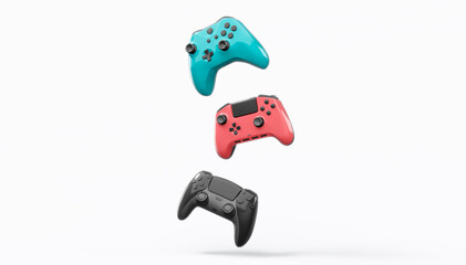 Realistic colorful video game joysticks or gamepads with color buttons on white