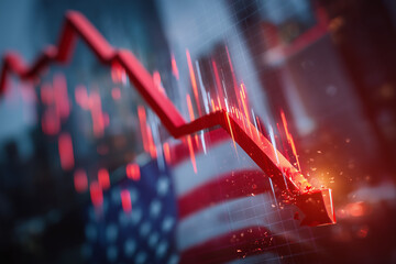 Red arrow diagraphs showing big money stock market crash and recession, blurred US flag in the background