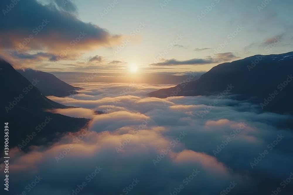 Poster hyper lapse capture of swirling clouds at sunrise over mountainous terrain, aerial hyper lapse of of