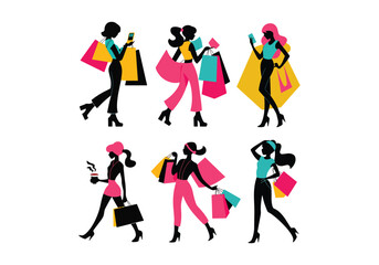 Shopping woman silhouette icons - Set of six fashion poses with shopping bags for retail and lifestyle branding