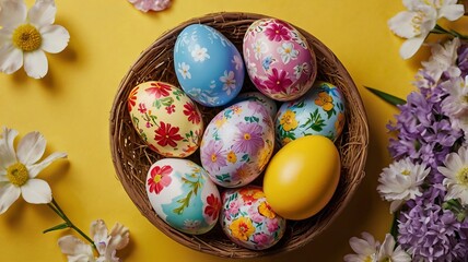 Fototapeta premium Close-Up Top View of Decorated Easter Eggs with Colorful Blossoms on Yellow Background