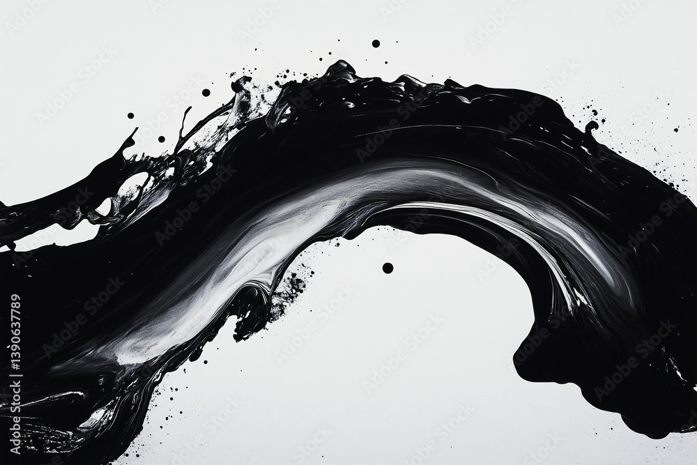 Poster abstract fluid dynamics: a striking composition of flowing black ink on a clean, creating a dynamic 