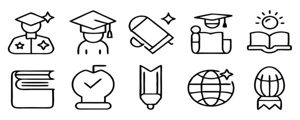 Modern Education and E-Learning Icon Set – Flat Line Vector Icons for School, Online Courses, Teaching Tools, Academic Subjects, and Virtual Learning Platforms.
