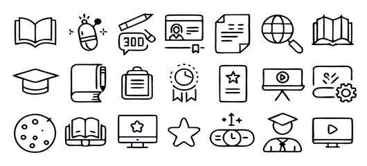 Modern Education and E-Learning Icon Set – Flat Line Vector Icons for School, Online Courses, Teaching Tools, Academic Subjects, and Virtual Learning Platforms.
