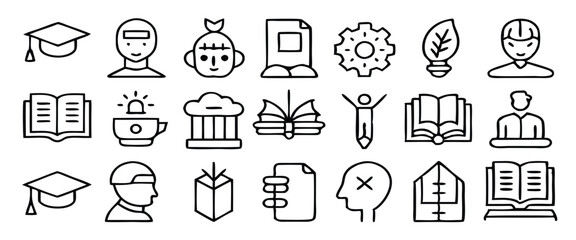 Modern Education and E-Learning Icon Set – Flat Line Vector Icons for School, Online Courses, Teaching Tools, Academic Subjects, and Virtual Learning Platforms.