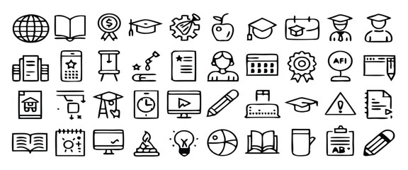 Modern Education and E-Learning Icon Set – Flat Line Vector Icons for School, Online Courses, Teaching Tools, Academic Subjects, and Virtual Learning Platforms.