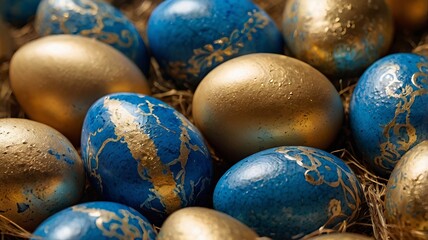 Close-Up of Gold and Blue Easter Eggs in Decorative Frame &ndash; Festive Photorealistic Background