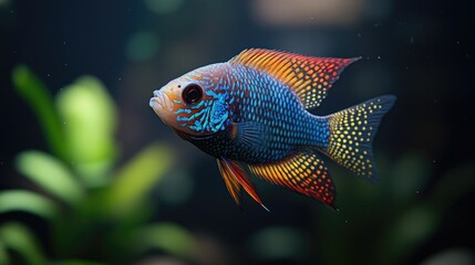 Vibrant aquarium fish swimming gracefully amidst lush green aquatic plants in a serene underwater scene
