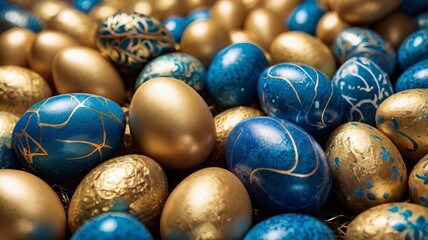 Fototapeta premium Close-Up of Gold and Blue Easter Eggs in Decorative Frame – Festive Photorealistic Background