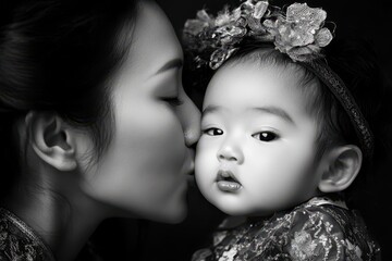 Emotional moment as mother kisses newborn daughter in intimate portrait, An Asian woman kisses her newborn baby girl's forehead a few months old