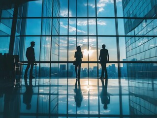 Corporate Visions: A silhouette of a team in an executive office gaze out, gazing towards a dynamic urban panorama framed by imposing glass windows.