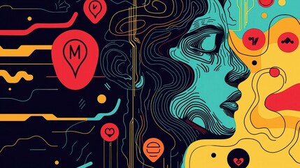 Abstract surreal composition with swirling organic shapes in teal, orange, and red