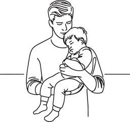 Father's Day Concept- Line Art of Dad with Sleepy Son in His Arms
