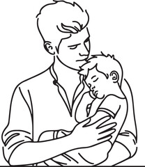 Father's Day Concept- Line Art of Dad with Sleepy Son in His Arms