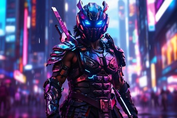 Futuristic Neon Samurai in Cyberpunk City