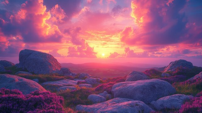 Vibrant sunset over a rocky mountaintop blanketed in wildflowers