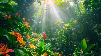 Sunlight streams through lush foliage and colorful flowers in a vibrant tropical forest scene .