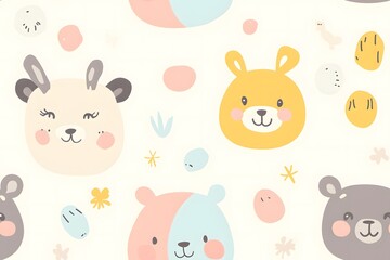 Children's Animal Friends: Seamless Repeating Pattern of Simple, Rounded Cartoon Animals in Pastel Shades for Wallpaper