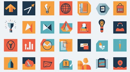 Minimalist geometric business icons in orange, red, and blue on dark background