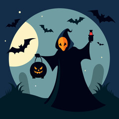 Vector art illustration with Halloween pumpkin and bats