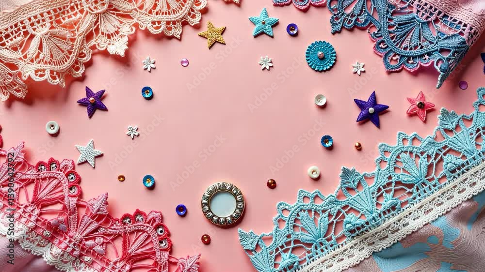 Poster pink, orange and blue piece of lace with buttons and flowers on it. buttons of different colors and 