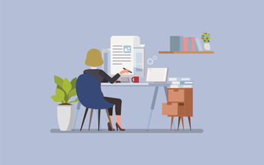Woman wear blue suit, editing a document on a computer using professional text editing software. Character vector illustration design.