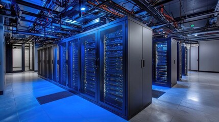 Clean server room with blue-lit server racks and exposed ceiling cables. Great for IT infrastructure, network services, data management, and enterprise tech designs