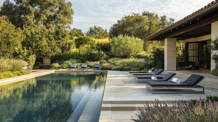 Serene Outdoor Pool Area Surrounded by Lush Green Landscape and Cozy Lounge Chairs on Sunny Day