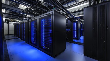 Advanced server room with black racks and blue indicator lights under exposed ceiling cables. Perfect for tech infrastructure, cloud systems, and IT service promotions