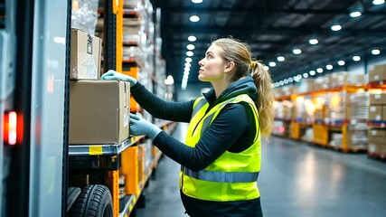 A skilled warehouse worker placing the final package into the back of a white truck, ensuring everything is tightly packed, their reflective vest and gloves highlighting the precis
