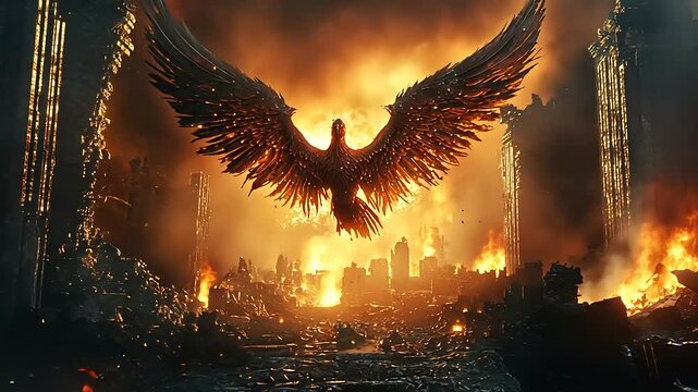 A majestic phoenix rises from the ashes of a burning city, symbolizing rebirth amidst destruction