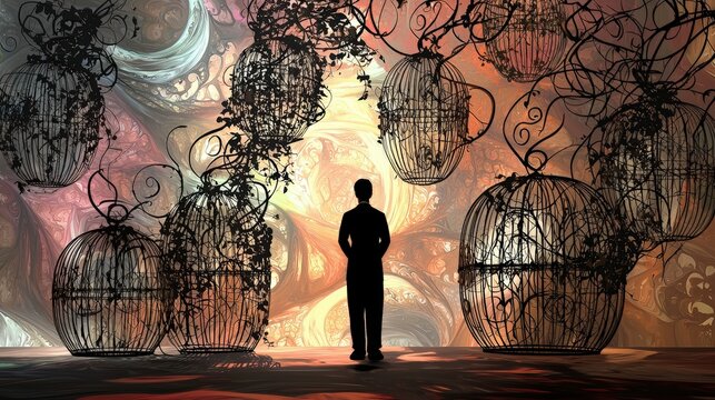 Fototapeta Silhouetted figure amidst ornate birdcages in surreal dreamscape