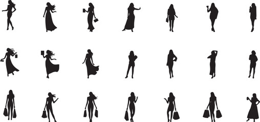 Collection of black silhouettes of women in different poses and outfits.