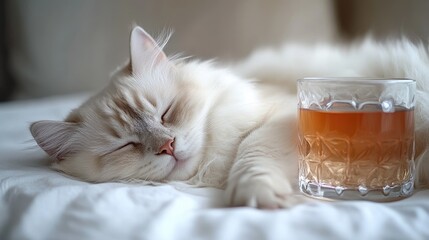 A serene white cat peacefully sleeping next to a glass of amber liquid on a soft bed