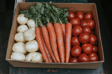 A box of vegetables including carrots, potatoes, and tomatoes