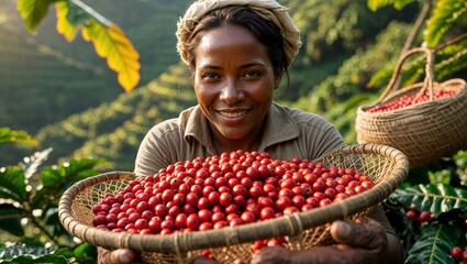 A cheerful woman proudly displays her basket filled with freshly picked coffee cherries.