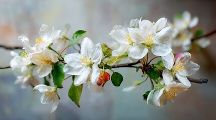 Detailed photographic capture of white blossoming apple tree branches in fresh natural scenery