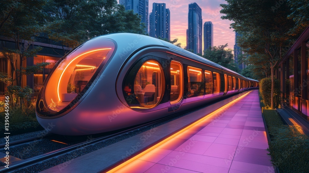 Aufkleber A sleek smarttrain equipped with advanced technology is showcased in a vibrant environment. The colorful lights illuminate the station, emphasizing modern infrastructure and autonomous systems.