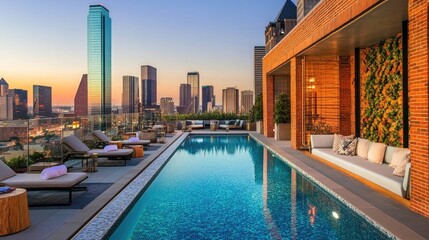 Obraz premium Luxurious rooftop pool with skyline view at sunset in a modern urban setting in Dallas, Texas