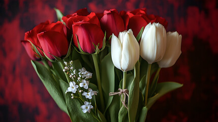 Bouquet of red and white tulips