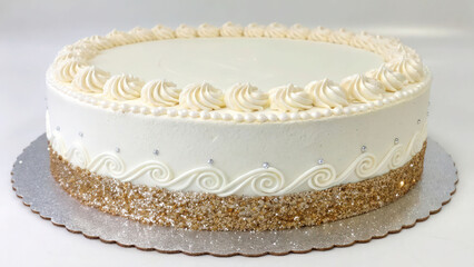 "Birthday cake decorated with edible glitter and piped borders on white background"