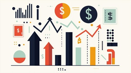 Fototapeta premium Modern financial analytics with abstract graphs, charts, and dollar signs in muted tones